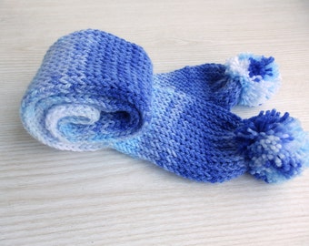 Blue White Children Hand Knitted Double Warm Scarf, Handmade Toddler Winter Scarf