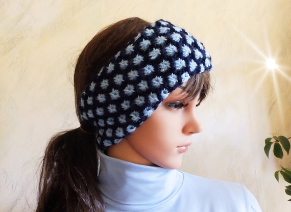 Hand Knitted Blue Two-tone Cable Skiing Ear Warmer Headband 