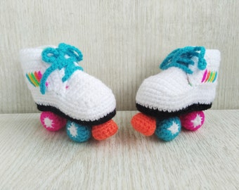 Crochet Baby Roller Skates Booties with Stoppers and Multicolor Wheels Photo Props,  Knitted Baby Skates Photoshoot Outfit