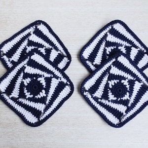 4 Blue White Crochet Square Coasters Cup Pads, Crochet Home Decor, Handcrafted Potholders