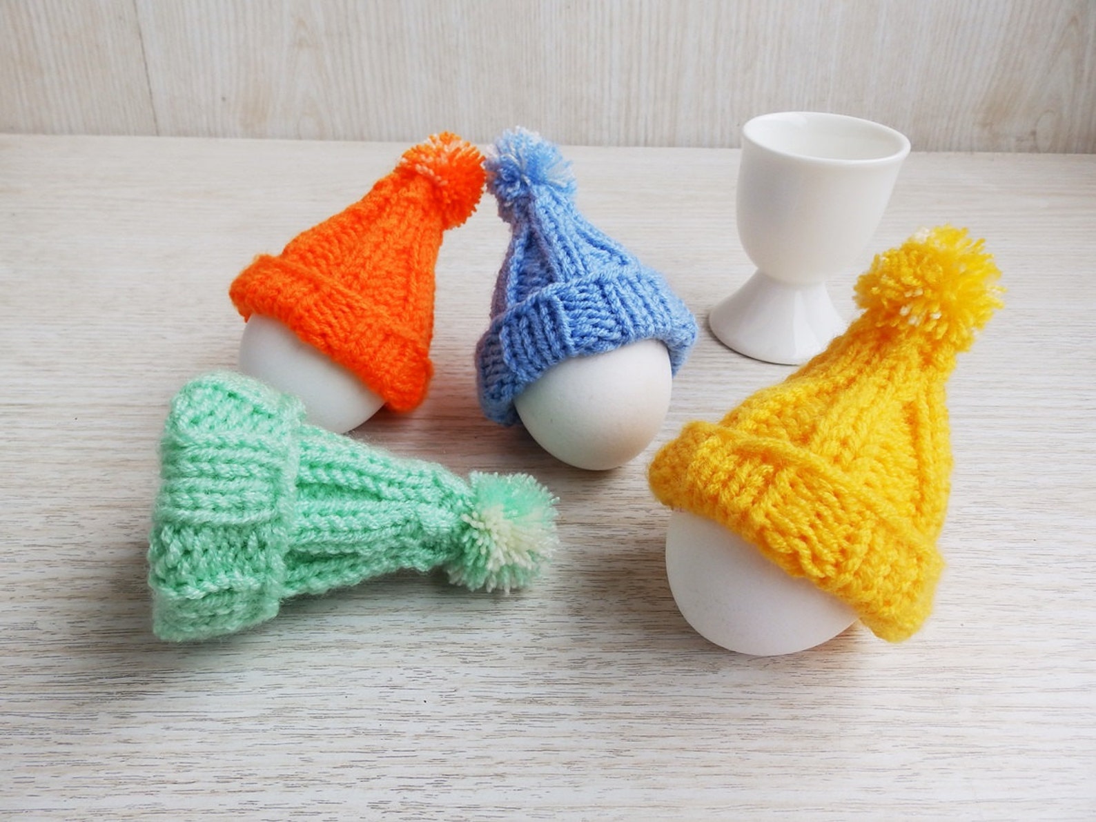 Hand Knitted Easter Cozy Egg Hats, Set of 4 Knit Egg Warmers Dining