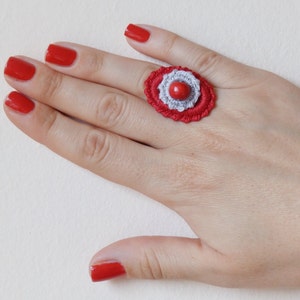 Crochet Red Gray Fiber Ellipse Ring and Stud Earrings Wooden Beads, Crochet Textile Jewelry Set image 3