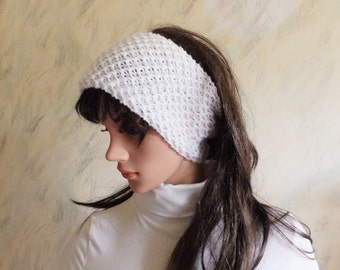 White Ear Warmer Hand Knitted Wool Chunky Headband, Knit Head Warmer Honeycomb Pattern Wrap