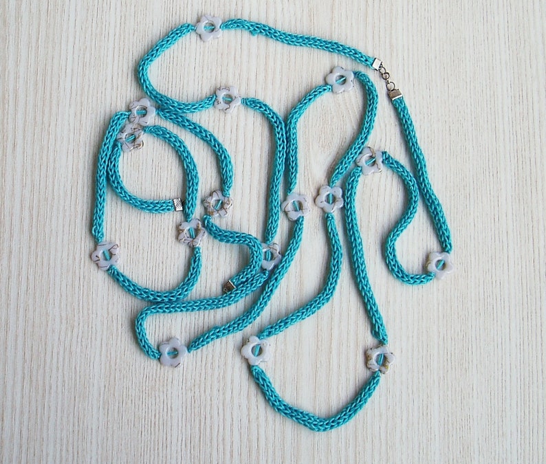 OOAK Jewelry Set Elegant Turquoise Hand Knitted Necklace Bracelet Set Handmade Textile Jewelry Set