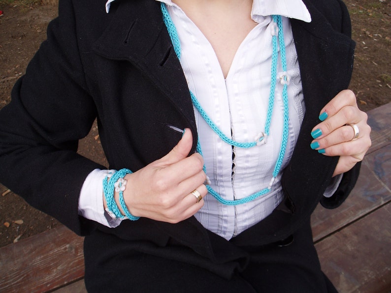 OOAK Jewelry Set Elegant Turquoise Hand Knitted Necklace Bracelet Set Handmade Textile Jewelry Set