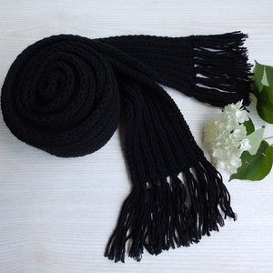 Black Hand Knitted Extra Long Unisex Wool Winter Soft Scarf with Fringes, Hand Knitted Black Wrap