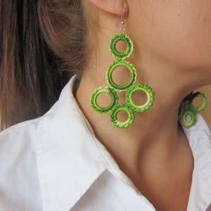 Unique Crochet Ombre Green Hoop Fiber Earrings, Handmade Textile Geometric Greenery Earrings, Fashion Crochet Textile Jewelry