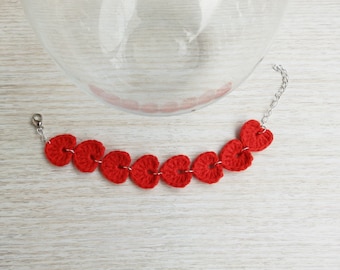 Crochet Valentine Fiber Bracelet Red Hearts, Handmade Textile Jewellery, FREE SHIPPING