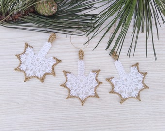 Set of 3 Christmas White Golden Candles Crochet Ornament Tree Home Decor, Handmade Decoration