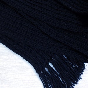 Black Hand Knitted Extra Long Unisex Wool Winter Soft Scarf with Fringes, Hand Knitted Black Wrap image 4