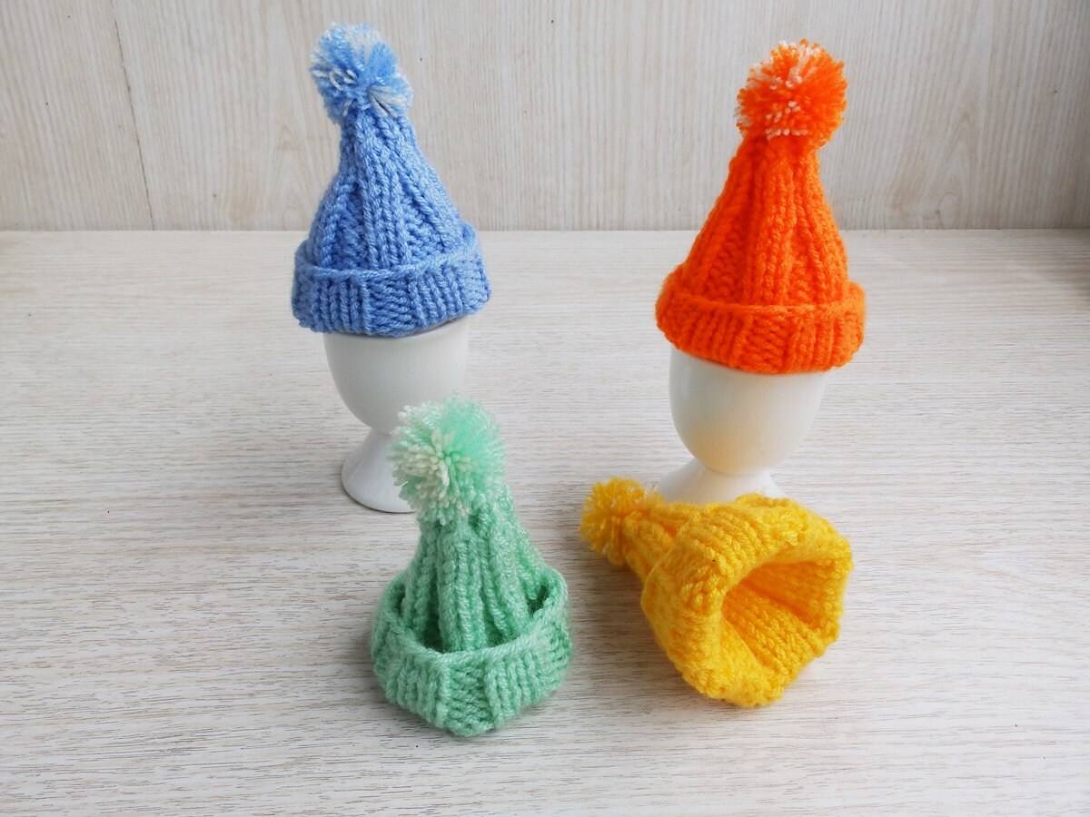 Hand Knitted Easter Cozy Egg Hats, Set of 4 Knit Egg Warmers Dining
