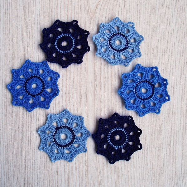 Crochet Blue Fancy Cup Pads, Set of 6 Crochet Coasters, Lace Crochet Blue Table Decor, Crochet Placemats
