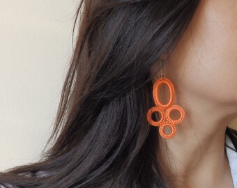 Crochet Orange Dangle Everyday Earrings, Fashion Crochet Textile Jewelry