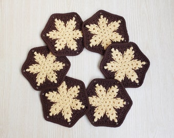 Brown Yellow Cotton Crochet Coasters Set of 6, Crochet Home Table Decor, Crochet Cup Pads