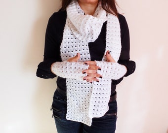 Fashion Crochet White Wool Scarf and Fingerless Gloves, Handmade Women Set Accessories