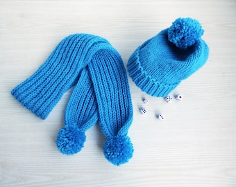 Écharpe et chapeau tricotés à la main en alpaga d'hiver bleu pour tout-petit, accessoires pour enfants faits main