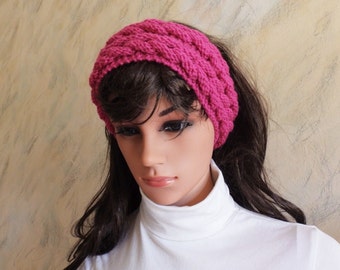 Bright Pink Hand Knitted Head Ear Warmer Headband, Hand Knit Head Accessory