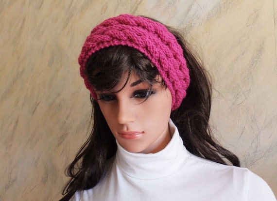 Bright Pink Hand Knitted Head Ear Warmer Headband, Hand Knit  display picture 1