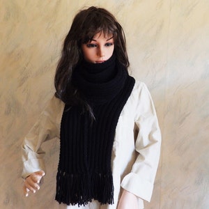 Black Hand Knitted Extra Long Unisex Wool Winter Soft Scarf with Fringes, Hand Knitted Black Wrap image 5