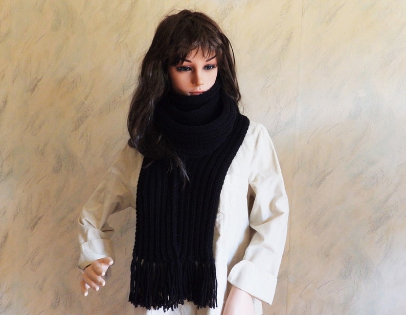 Black Hand Knitted Extra Long Unisex Wool Winter Soft Scarf with Fringes, Hand Knitted Black Wrap image 5