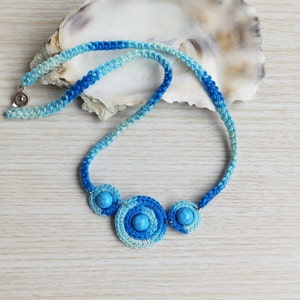 Turquoise Blue Cotton Crochet Necklace, Handmade Textile Jewelry, Fiber Crochet Necklace