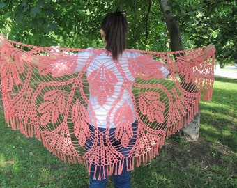 Unique Fashion Crochet Triangle Coral Shawl Scarf Floral Motives, Lace Crochet Wrap Shawl, Large Triangle Scarf