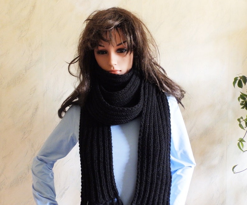Black Hand Knitted Extra Long Unisex Wool Winter Soft Scarf with Fringes, Hand Knitted Black Wrap image 2