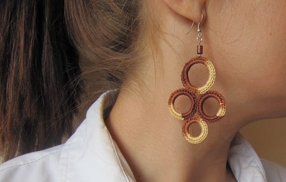 Crochet Brown Melange Geometric Earrings, Handmade Ombre Brown Earrings, Hancrafted Textile Jewelry