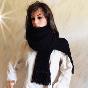 Black Hand Knitted Extra Long Unisex Wool Winter Soft Scarf with Fringes, Hand Knitted Black Wrap image 3