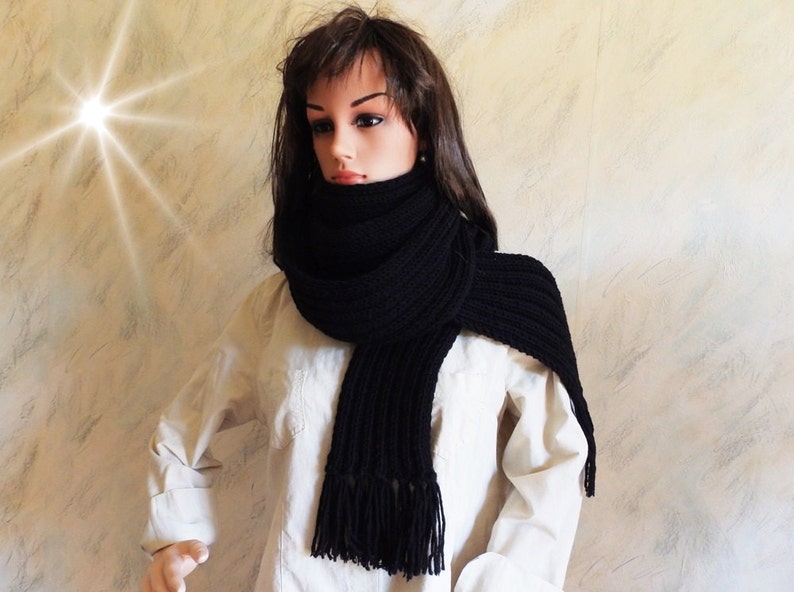 Black Hand Knitted Extra Long Unisex Wool Winter Soft Scarf with Fringes, Hand Knitted Black Wrap image 3