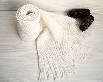 Extra Long Hand Knit Chunky White Scarf, Handcrafted Autumn Winter Scarf