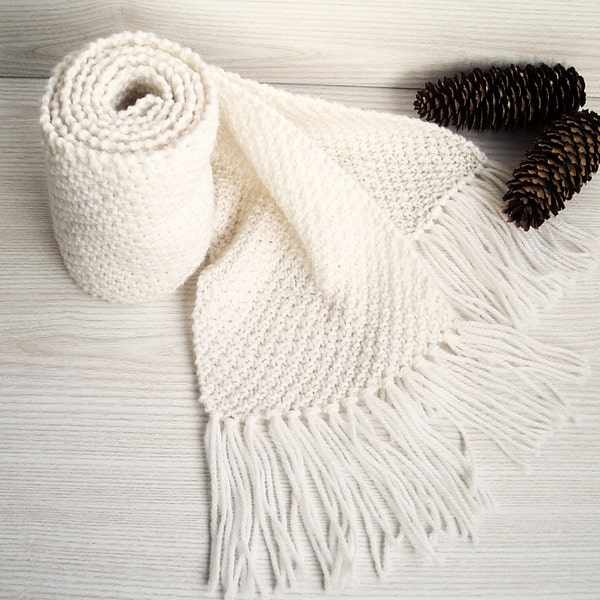 Extra Long Hand Knit Chunky White Scarf, Handcrafted Autumn Winter Scarf