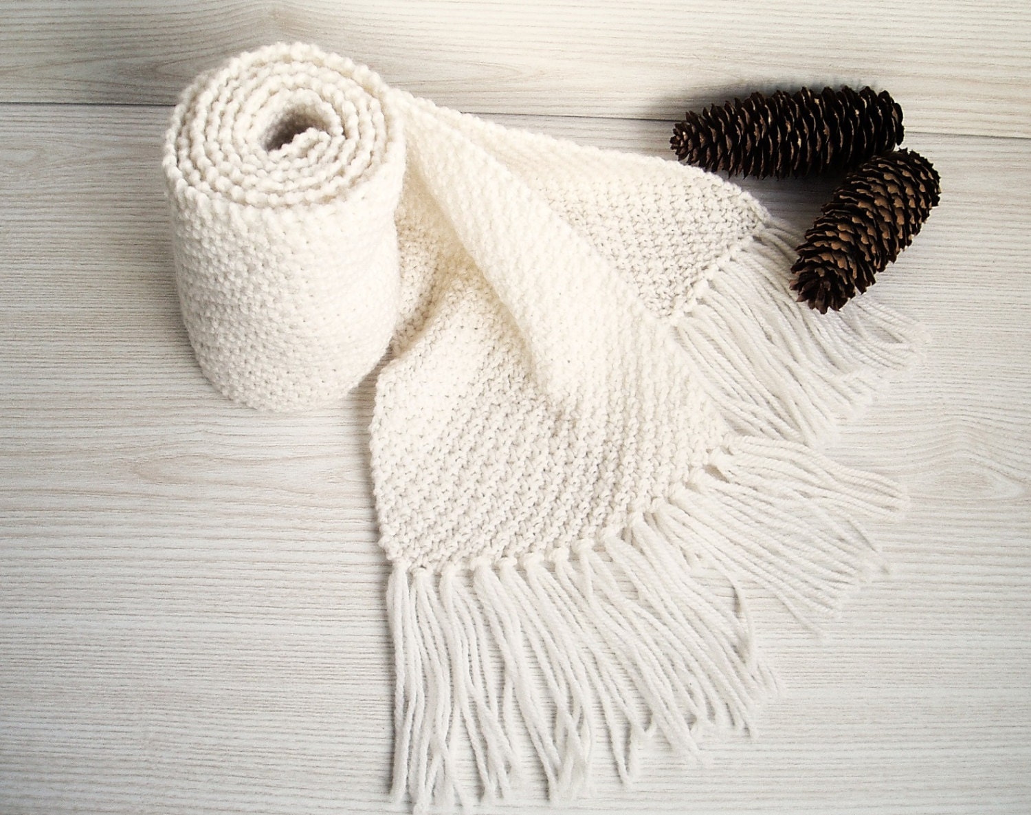 Extra Long Hand Knit Chunky White Scarf Handcrafted Autumn - Etsy