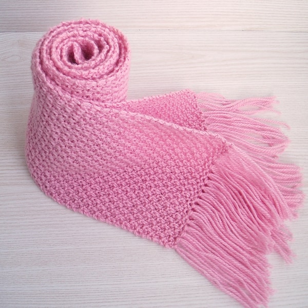 Hand Knit Pink Chunky Extra Long Scarf, Hand Knitted Winter Scarf