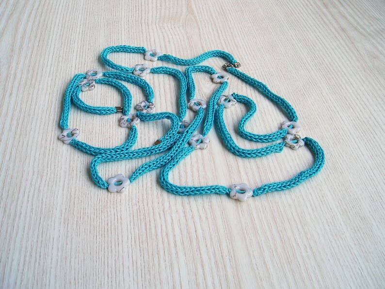 OOAK Jewelry Set Elegant Turquoise Hand Knitted Necklace Bracelet Set Handmade Textile Jewelry Set