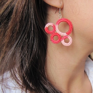 Fashion Crochet Dangle Earrings Pink Melange, Handmade Fiber Ombre Earrings, Crochet Textile Jewelry