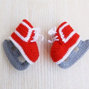 Crochet Baby Red Ice Hockey Skates Booties Shoes, Knitted Red Baby Hockey Photoshoot Outfit
