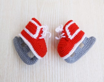 Crochet Baby Red Ice Hockey Skates Booties Shoes, Knitted Red Baby Hockey Photoshoot Outfit