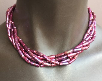 Five Strand Magenta Pearl Necklace/18.5 inches/Sterling Silver Cones and Clasp