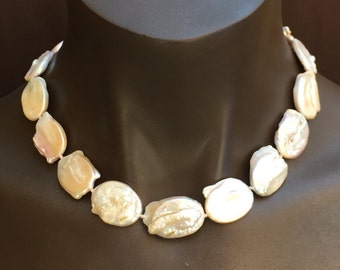 Huge Baroque Coin  Pearl Necklace/19.5 inches