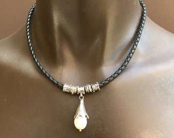 4mm Leather Necklace for Women/ Center Freshwater Pearl  Pendant/ Sterling Silver Beads and Clasp/Rustic/Artisan