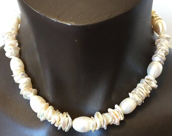 White Stacked Keshi and Rice Pearl Necklace/Bridal Gift/Mother of the Bride/17 inches