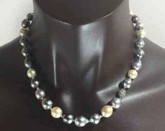 South Seas and Tahitian Pearl Necklace~Polki Diamond Bead~18 inches/Sterling Silver Beads and Clasp