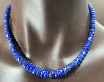 Natural Lapis Lazuli Necklace/18 inches/Facetted Beads/Sterling Silver Clasp