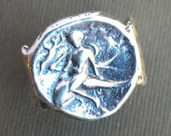 Antique coin Ring~Sterling Silver~ Boy on a Dolphin~size 7.25