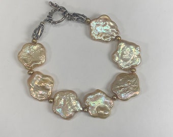 Elegant Artisan pearl bracelet/champagne flower pearls/sterling silver toggle