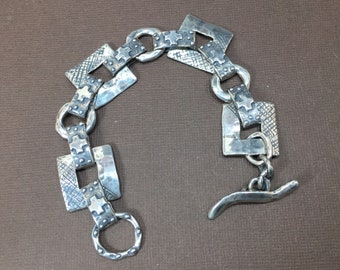 Sterling Silver Men's Chunky Link Bracelet/Crosses/ Squares/Rings/8 inches/Great Gift