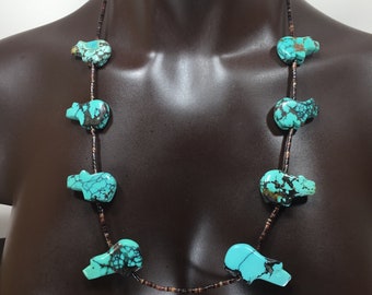 Natural Turquoise Bears~Fetish Necklace of Pen Shell Heishi~24 inches/ one of a kind/