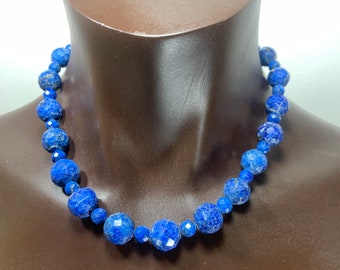 Natural Lapis Lazuli Necklace/19 inches/Facetted Beads/Sterling Silver Clasp