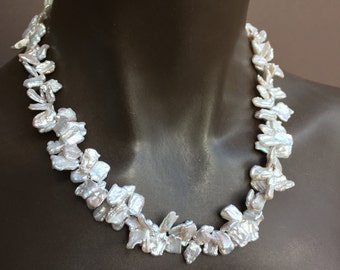 Luminous White Biwa Pearl Necklace/21 inches/Sterling Silver Beads and Clasp